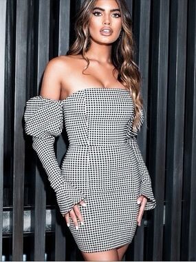 Off-Shoulder Black and White Gingham Mini Dress